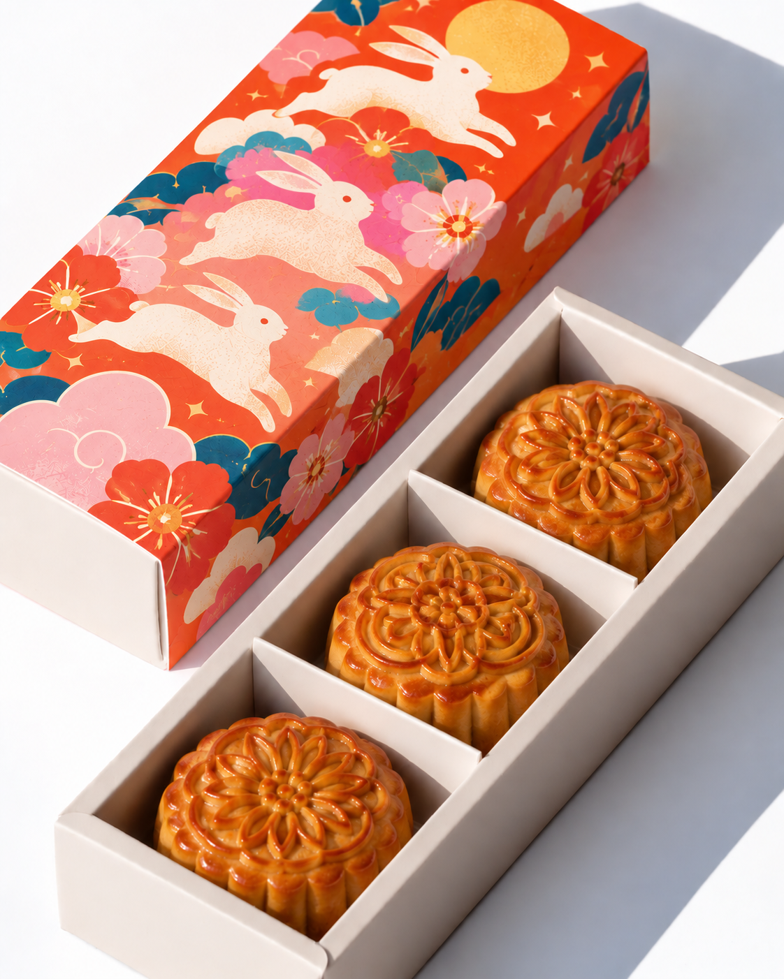 Custom drawer box mooncake box printing Malaysia: sliding drawer gift box open to show mooncakes inside