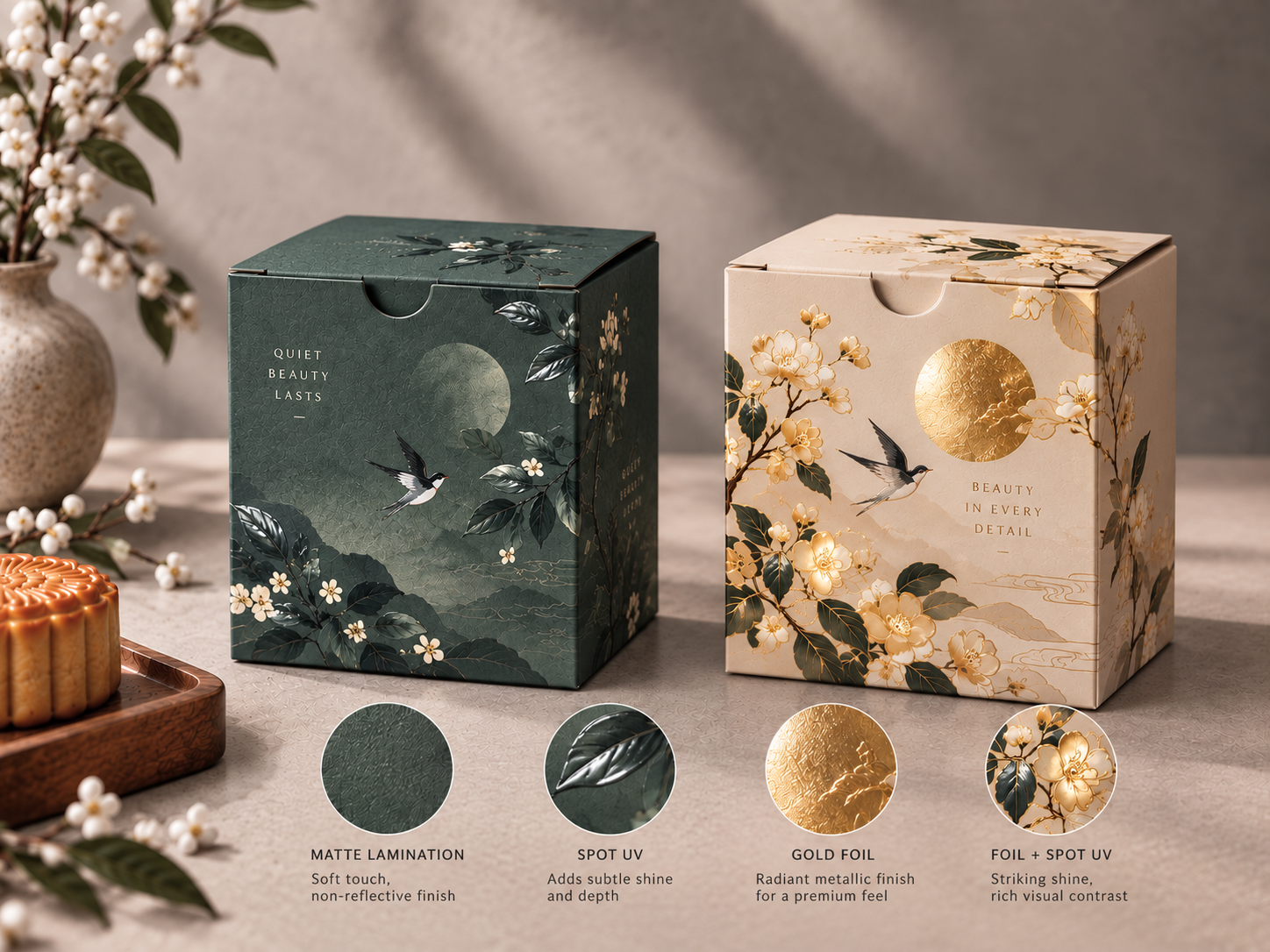 Luxury mooncake box finishing Malaysia: gold iFoil digital foiling and spot UV on custom printed mooncake packaging