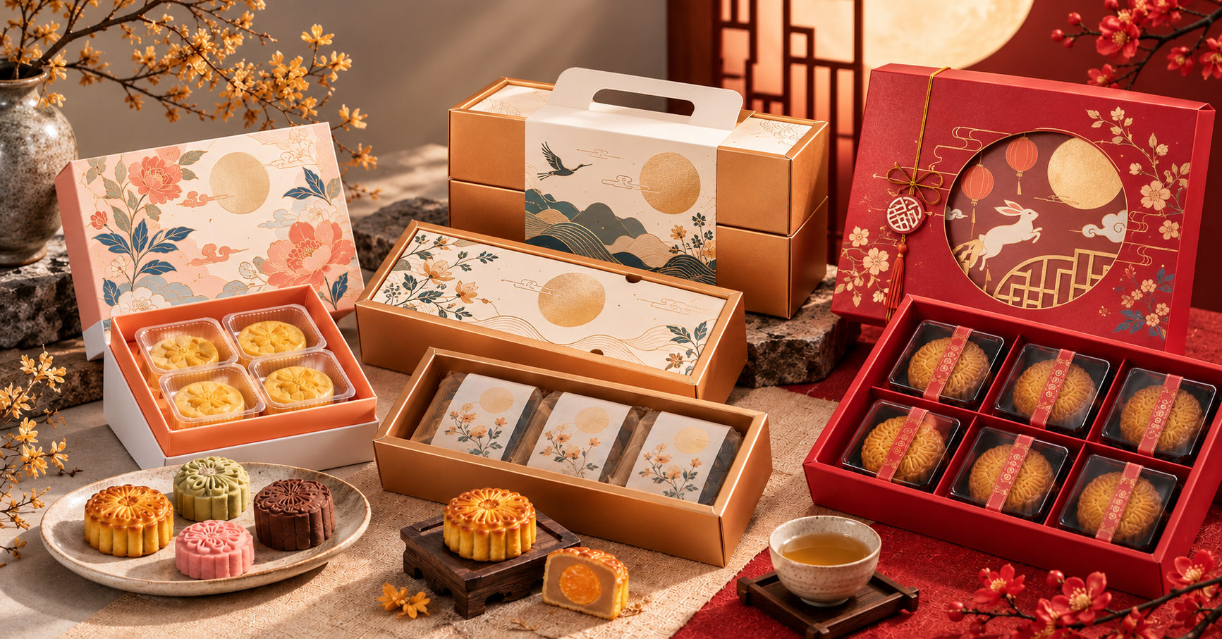 Custom mooncake box printing Malaysia: folding carton, drawer box and gift box styles with Mid-Autumn festival designs in peach, gold and red