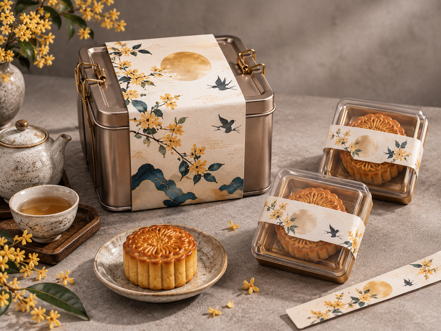 Custom mooncake sleeve printing Malaysia: full-colour printed sleeve wrapped around a mooncake gift box