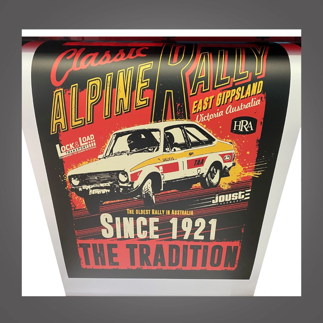 Rally car with the text Classic Alpine Rally, East Gippsland  printed on an A2 Poster