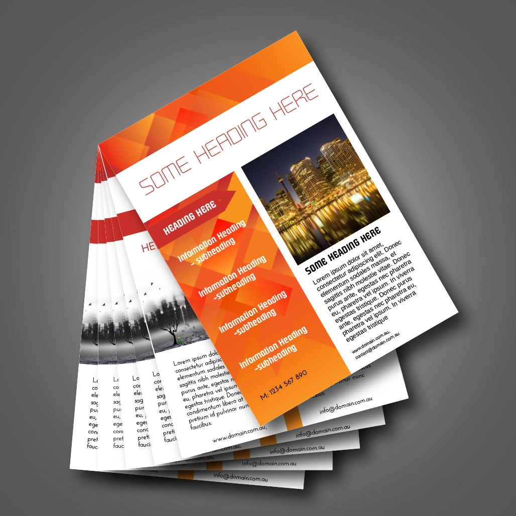 An orange and white, A4, portrait flyer template with a design on each side