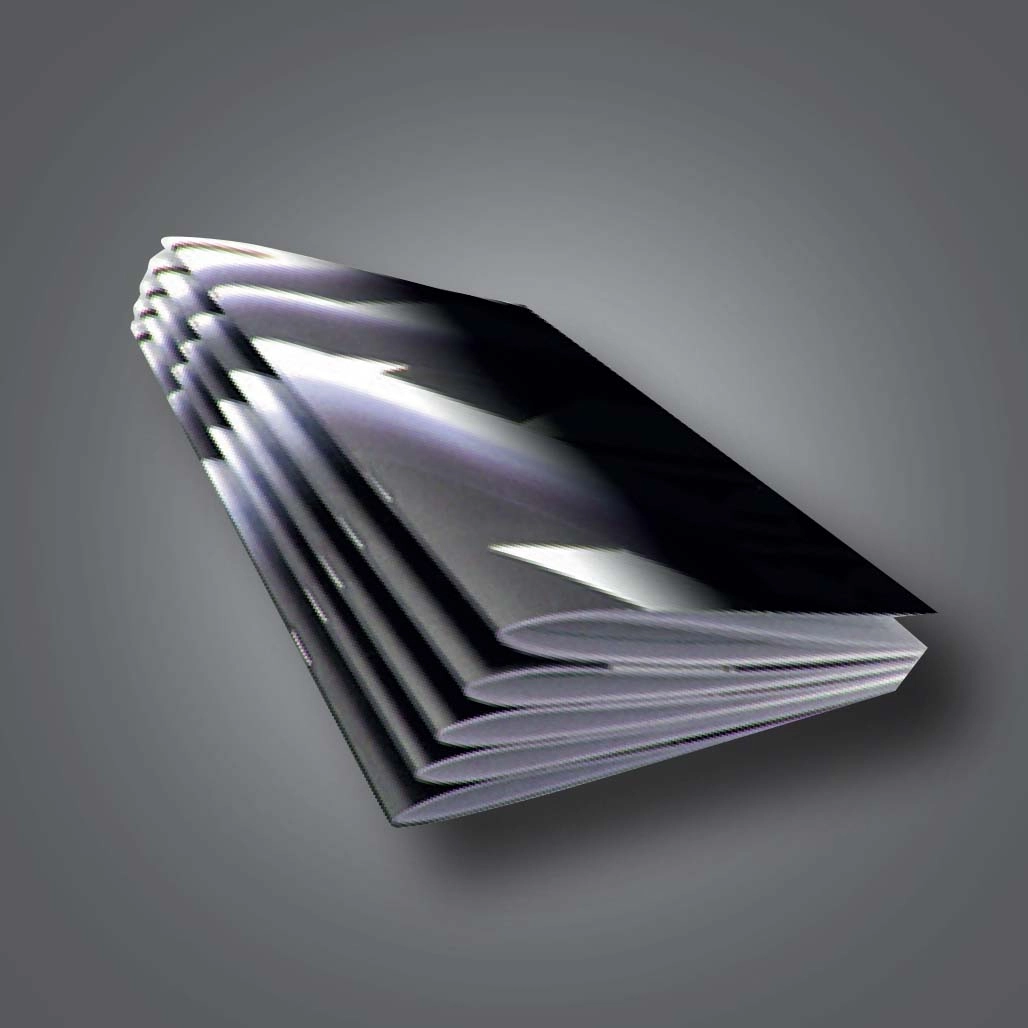 A stack of black A4 saddle stitched books 