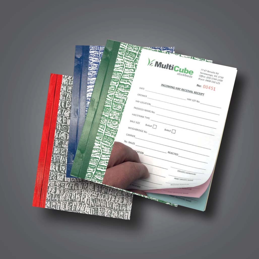 An A4 docket book for receipts showing a full colour logo for MultiCube stockfeeds
