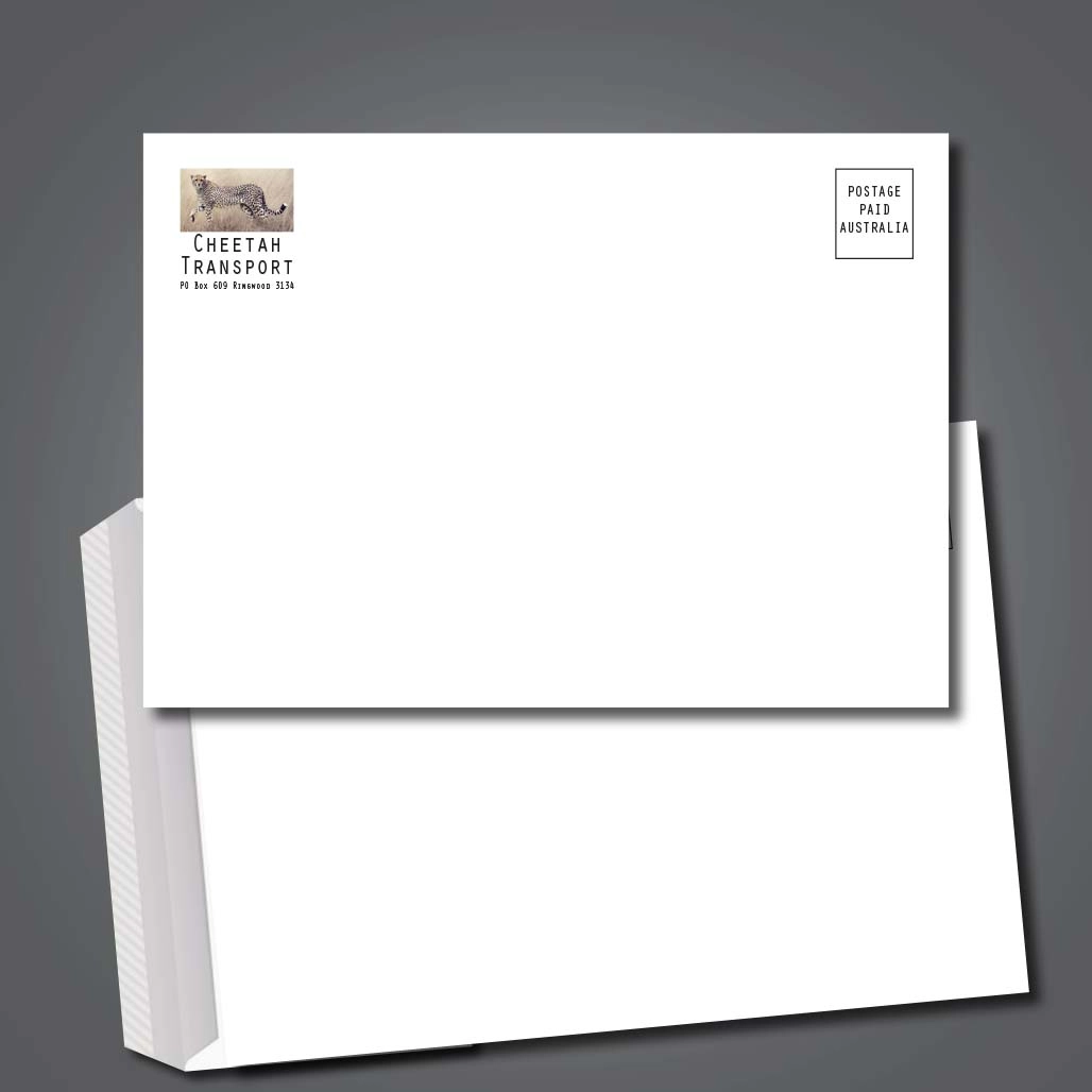 A C5 envelope with Cheetah Transport's logo printed in full colour at the top left and a postage paid stamp in top right