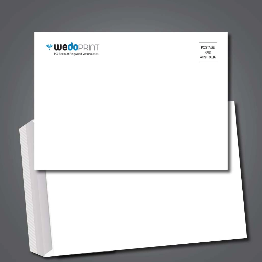 A C5 envelope with We Do Print's logo printed in PMS colours at the top left and a postage paid stamp in top right