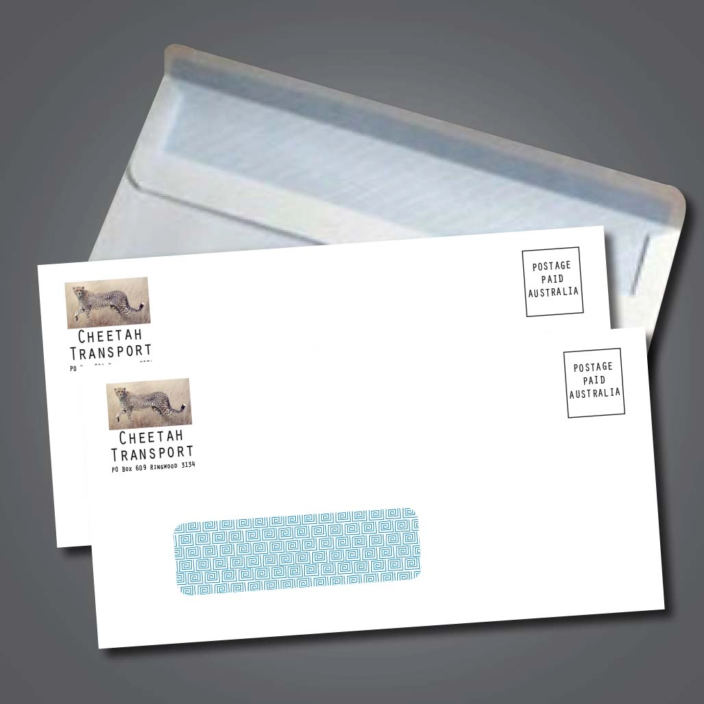 Full Colour DLX Envelopes A DLX envelope with Cheetah Transport's logo printed in full colour at the top left and a postage paid stamp in top right