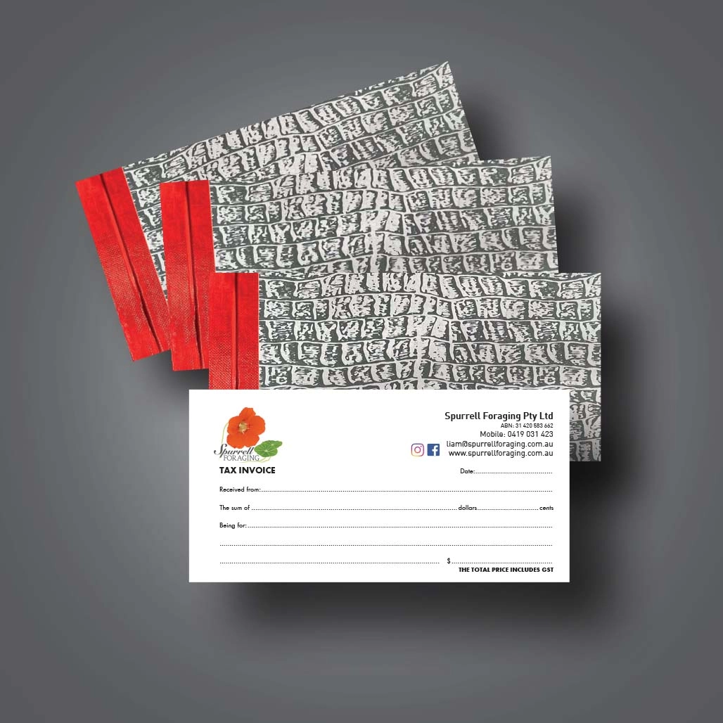 An DL docket book for tax invoices with a full colour logo for Spurrell Foraging at the top left