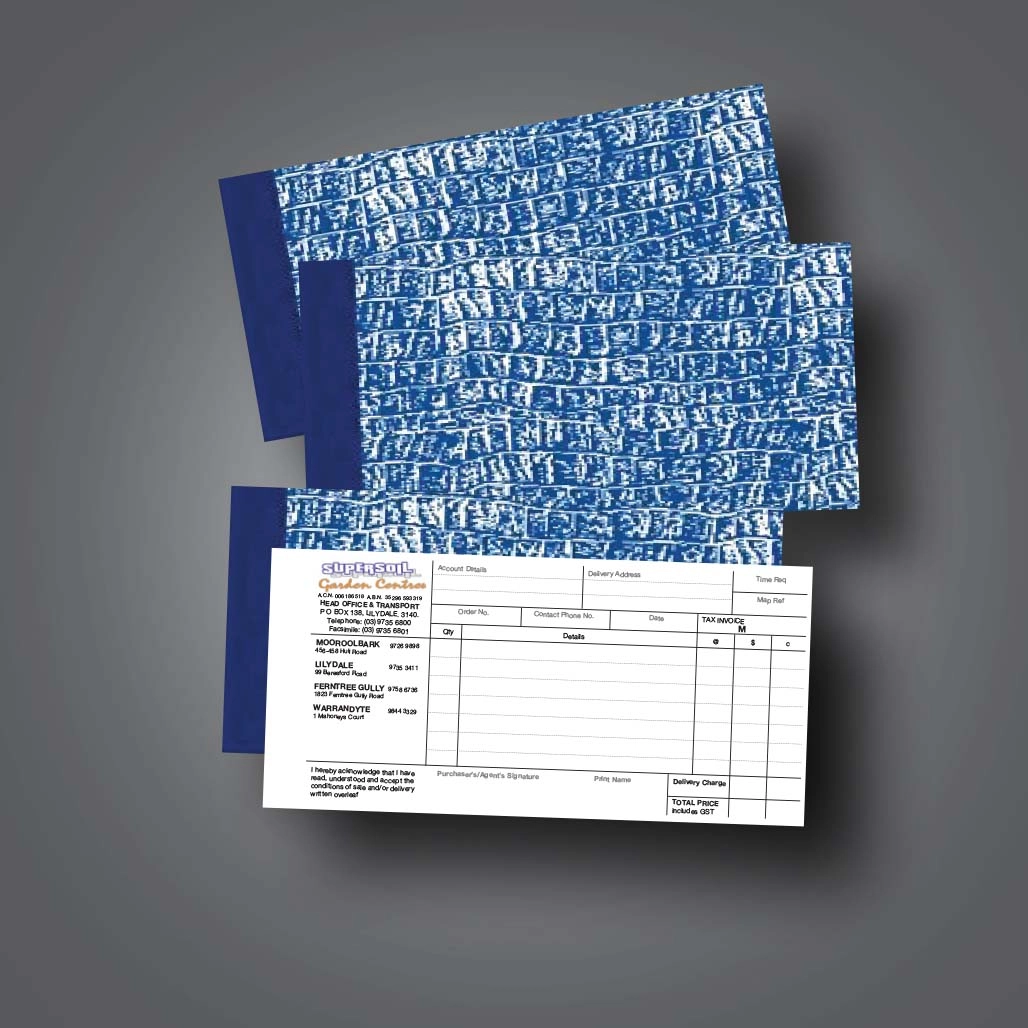 A DL Docket Book for tax invoices with he logo for super soil printed in corporate PMS colours
