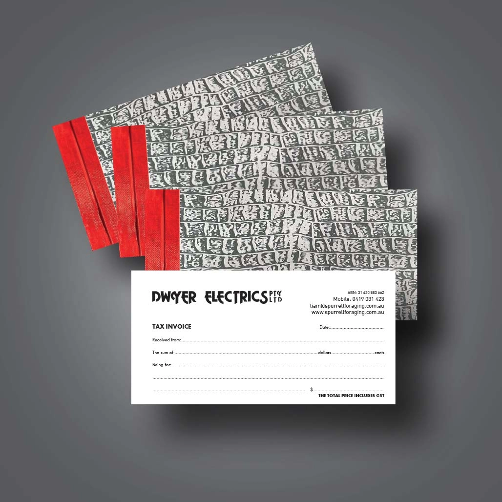 An DL docket book for tax invoices with a logo for Dwyer Electrics printed in one colour