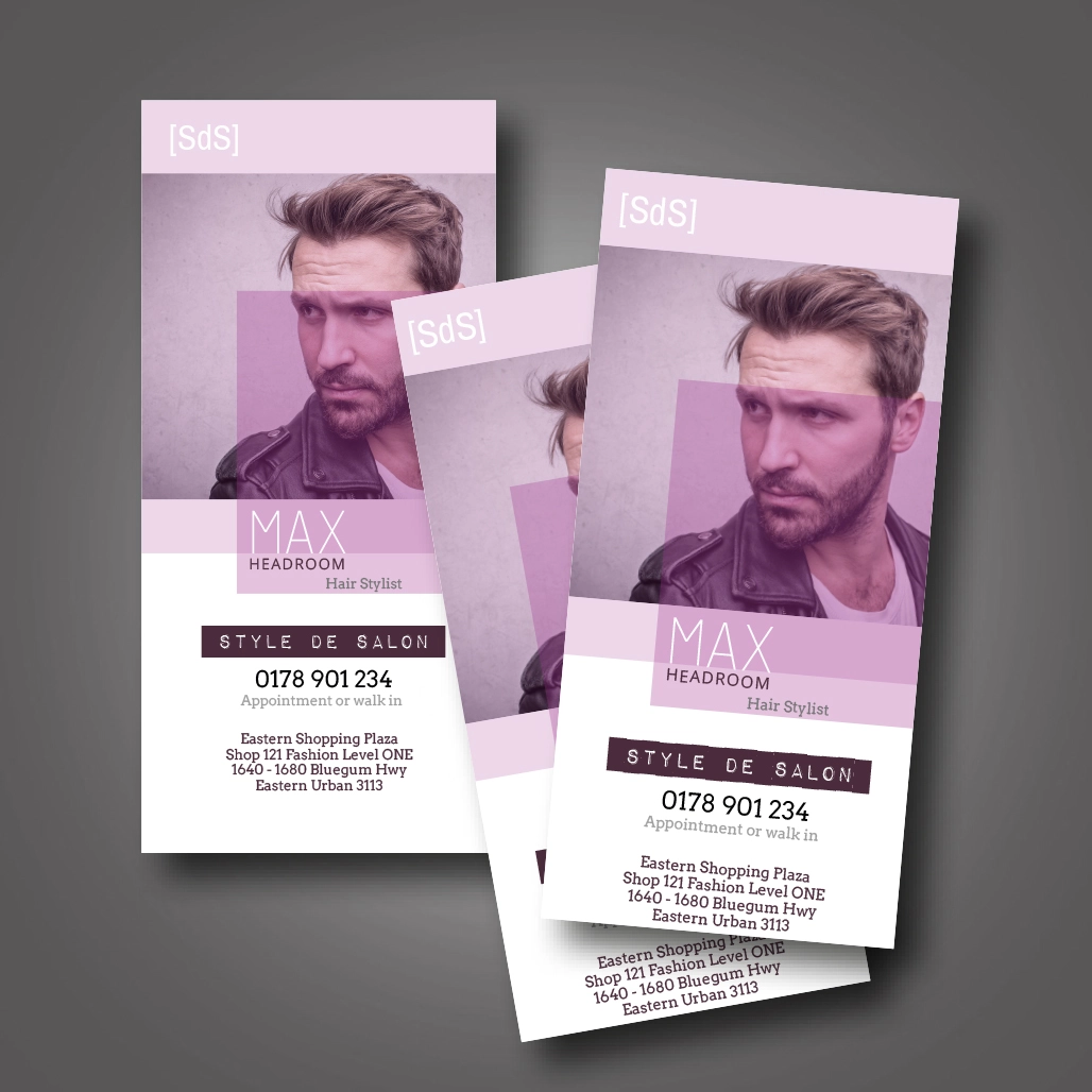 A DL, portrait postcard for "Style De Salon" that advertises hair styling