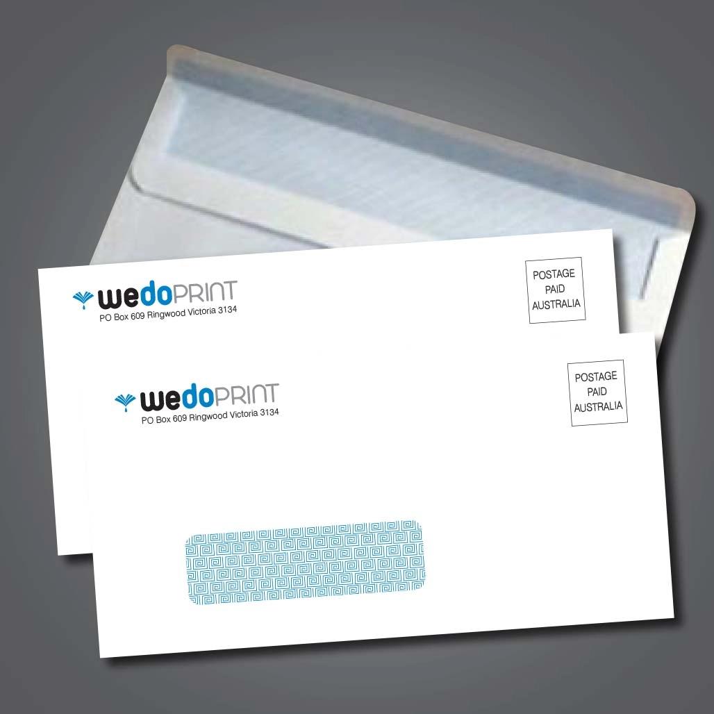 A DLX envelope with We Do Print's logo printed in PMS colours at the top left and a postage paid stamp in top right