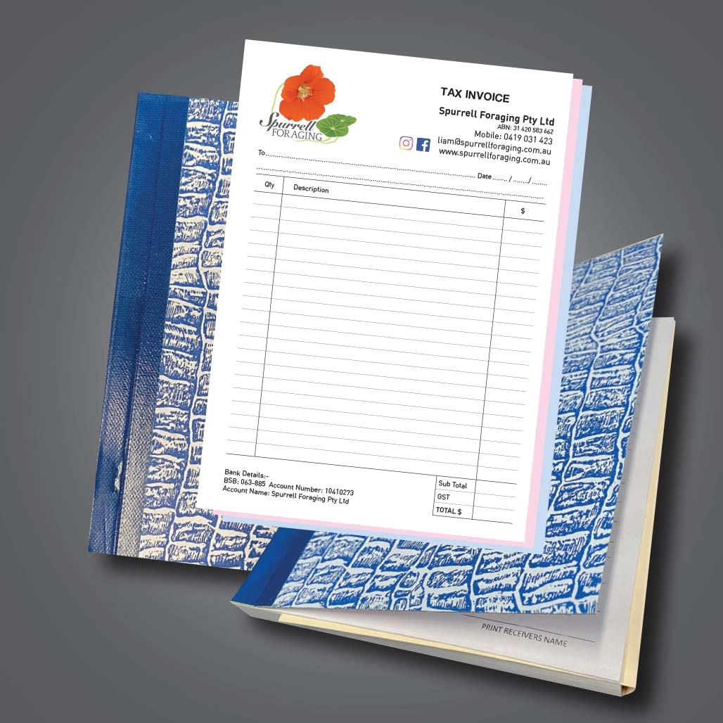 An A5 docket book for tax invoices with a full colour logo for Spurrell Foraging at the top left