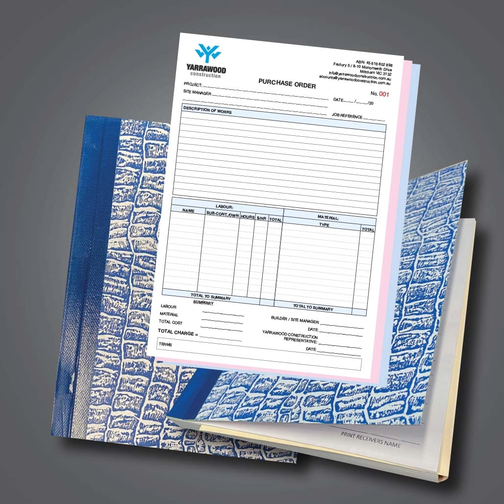 An A5 Docket book for purchase orders with the logo for Yarrawood Construction printed in corporate PMS colours