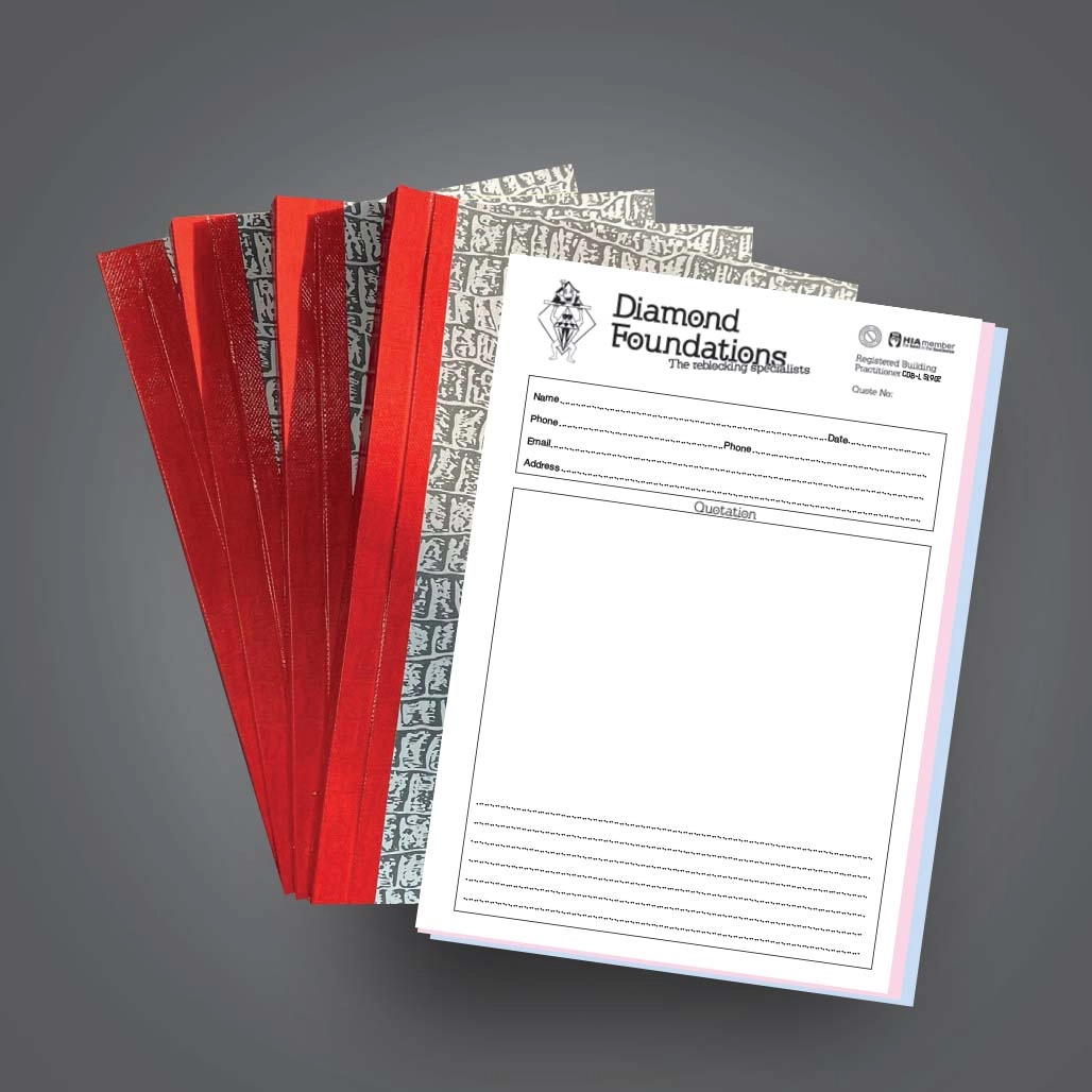 An A5 docket book for quotes with the Diamond Foundation logo printed in one colour at the top left