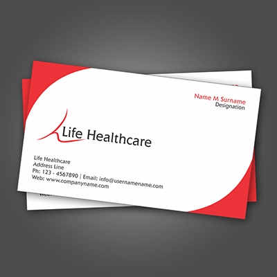 A white and red cornered business card magnet with the logo and contact details for Life Healthcare